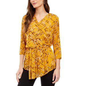 Alfani Yellow Plaited Leaves Asymmetrical Mesh Top with 3/4 Sleeves